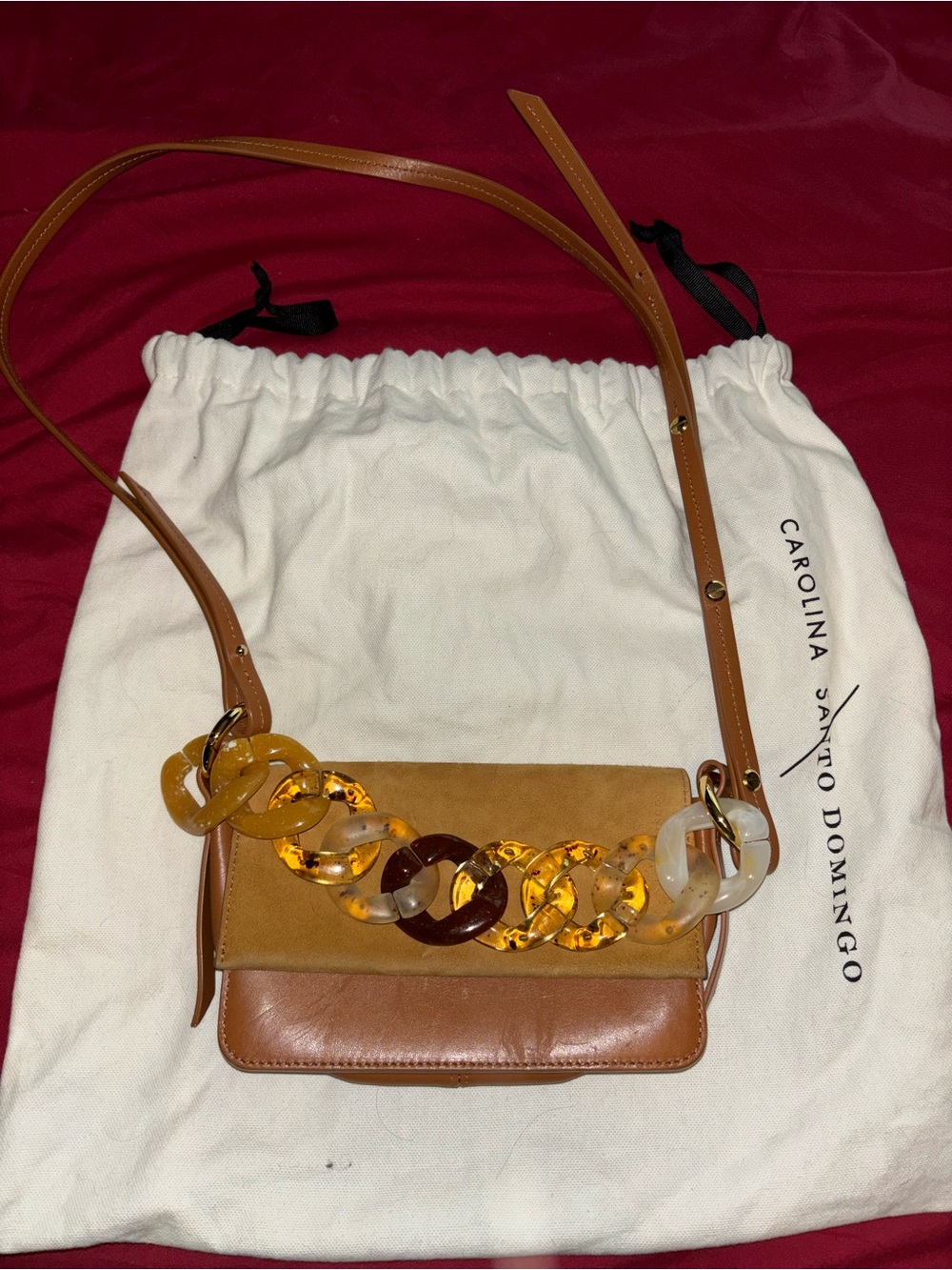 Carolina Santo Domingo Tan Leather & Suede Crossbody with Statement Chain